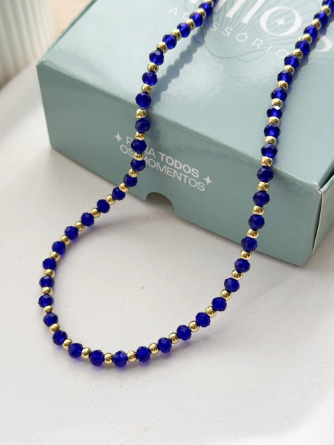 Choker Pedras Azul Royal e Bolinhas no Banho de Ouro - comprar online