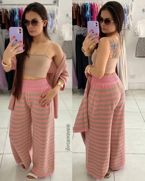 Conjunto Calça E Kimono Tricô - Rosa e Bege - comprar online