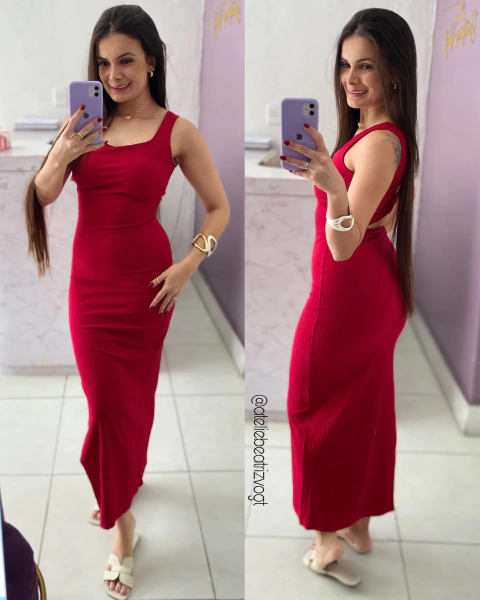 Vestido Canelado Thainá - Vermelho