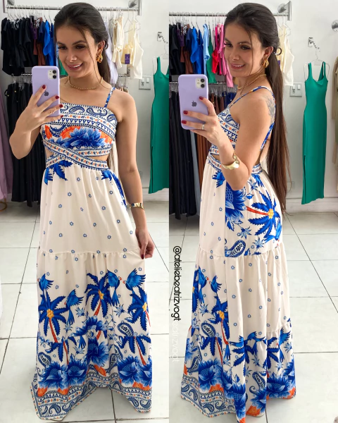 Vestido Longo Anitta - Azul/Laranja