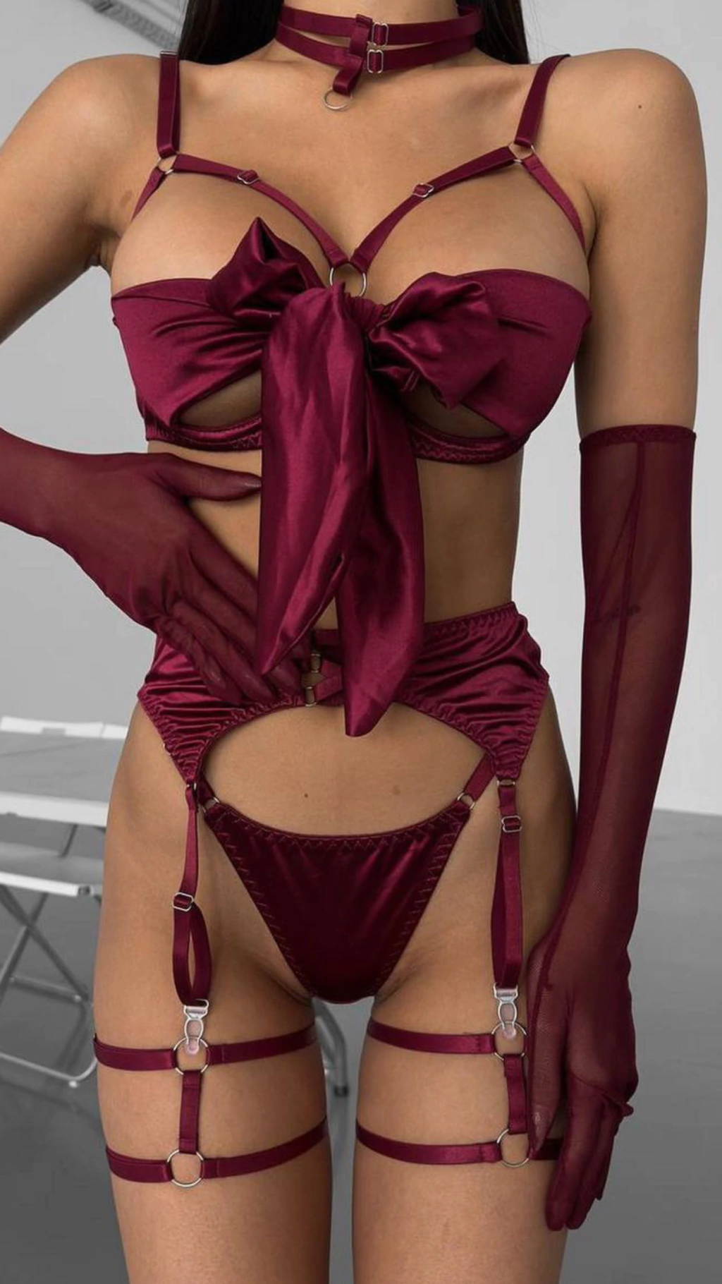 Conjunto Satin Bow Premium Marsala
