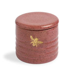 Mantegueira de cerâmica na cor rosa com detalhes em dourado, medindo 9 cm de diâmetro e 10 cm de altura.