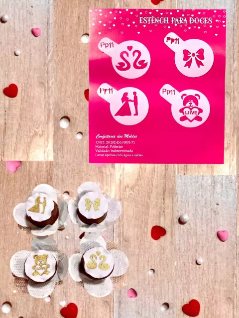 PP11 Kit com 4 mini estêncils noivos para confeitaria e artesanato.