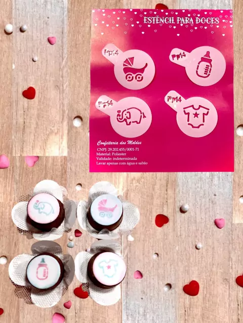 PP14 Kit com 4 mini estêncils maternidade para confeitaria e artesanato.