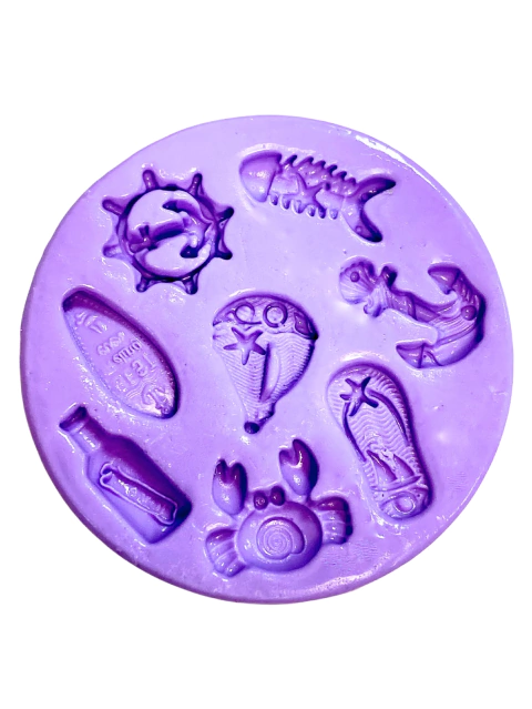 F1487 MOLDE DE SILICONE PEIXE PRAIA CHINELO CARANGUEJO BARCO ÂNCORA CONFEITARIA BISCUIT