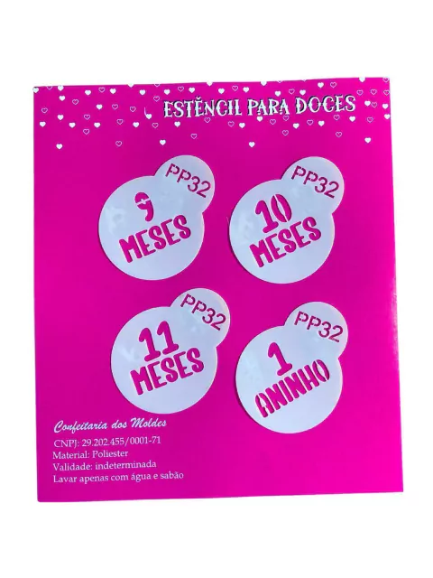 PP32 Kit com 4 mini estêncils 9 a 12 meses para confeitaria e artesanato.