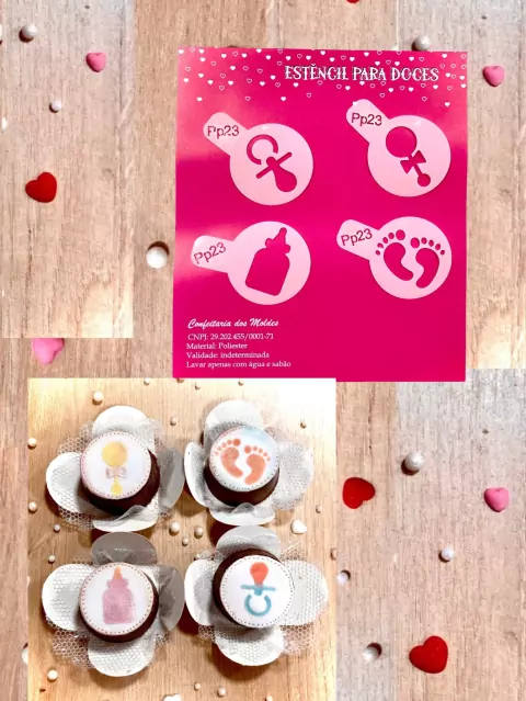 PP23 Kit com 4 mini estêncils maternidade para confeitaria e artesanato.
