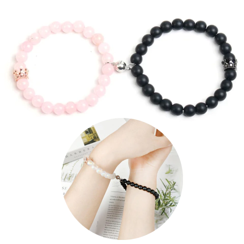Pulsera Para Parejas Dije Corona Rosa y Negro