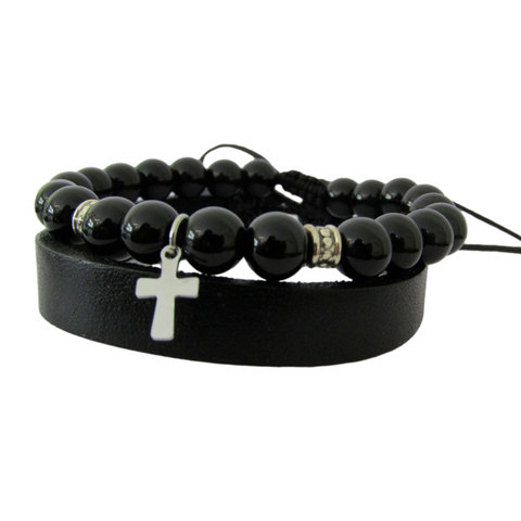 Pulsera Hombre Cuero Genuino Dije Cruz Acero Conjunto 2 En 1