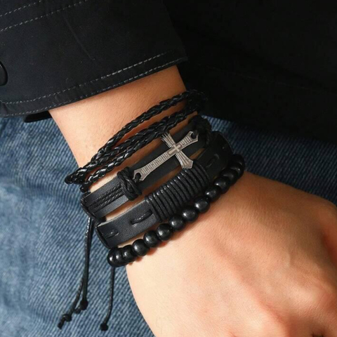 Conjunto Pulsera Brazalete Cuero 4 En 1 Dije Cruz Grabada