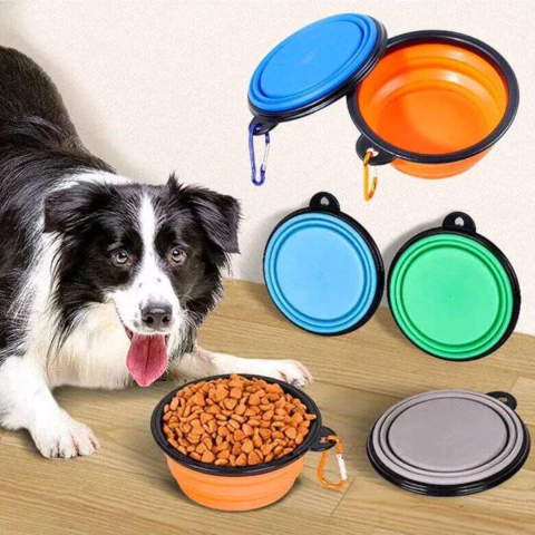 Comedero Bebedero Plegable Silicona Con Gancho Paseos Viajes