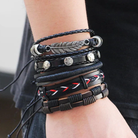 Pulsera Conjunto 5 En 1 Dije Pluma Cuero Genuino