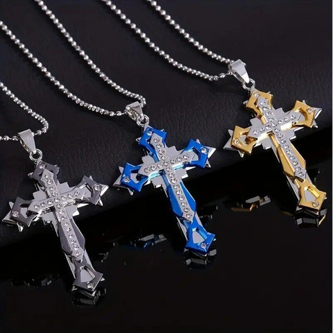 Collar Cadena Dije Cruz Con Incrustaciones Acero Quirurgico