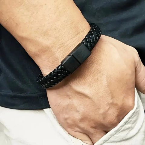 Pulsera Hombre Ecocuero Negro Trenzado Con Clip
