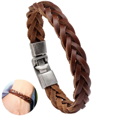 Pulsera Brazalete Cuero Trenzado Marron Con Cierre Metalico
