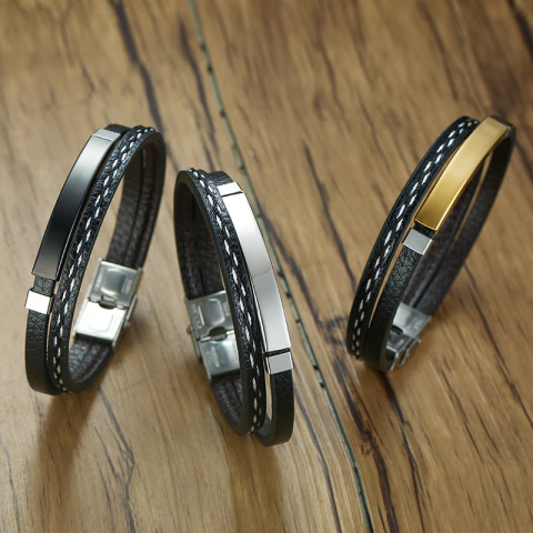Pulsera Brazalete De Hombre Cuero Y Acero Quirurgico - tienda online