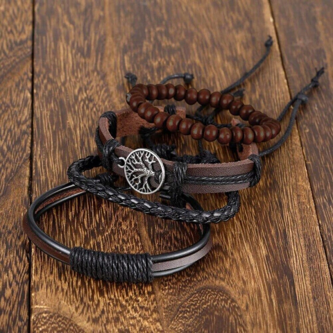 Conjunto Pulsera Brazalete Cuero 4 En 1 Arbol De La Vida