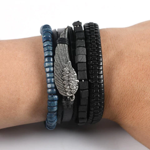 Conjunto Pulsera Brazalete Cuero 4 En 1 Dije Pluma Con Azul