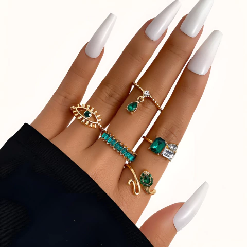 Set 5 Anillos Zirconia Verde Esmeralda Dorado Ojo Serpiente