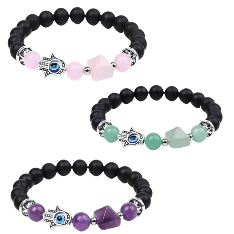 Pulsera Fatima Cuarzo Amatista Piramide Ojo Turco Chakras