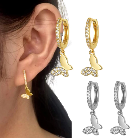 Aritos Aros Mujer Mariposa Acero Strass Circonia Delicados