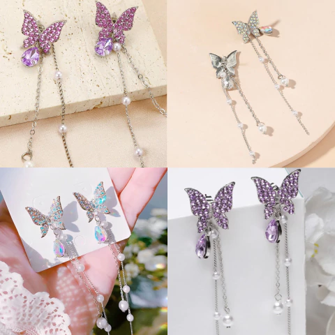 Aritos De Mujer Mariposa Delicados Strass Perlas
