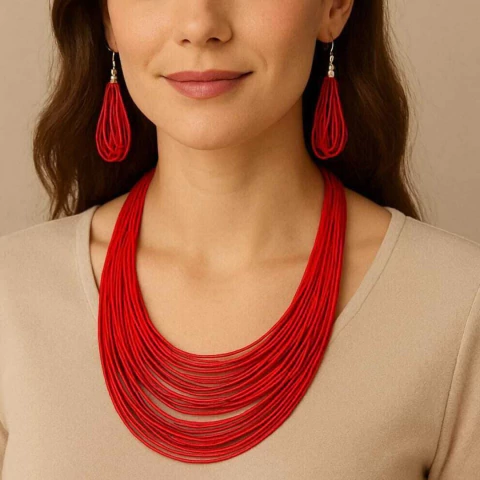 Collar Gargantilla Multinivel Boho Con Aros Tejido A Mano