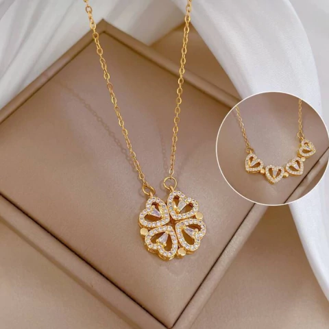 Collar Corazón Trébol Imán Magnético Acero Quirúrgico Dorado