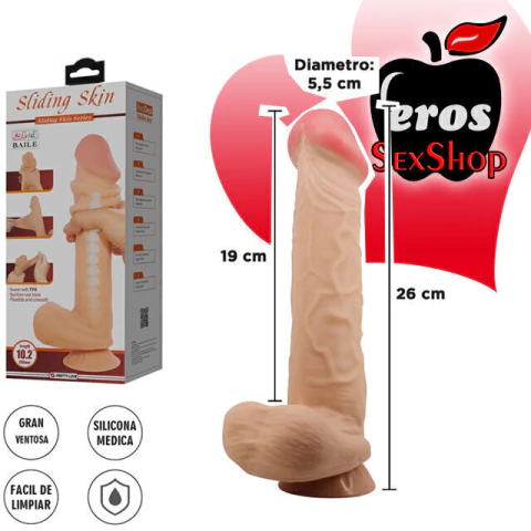 DILDO VERTEBRADO CON TESTICULOS, VENTOSA Y PIEL EXTENSIBLE 26 X5,5 CM (BW-008103NRG)
