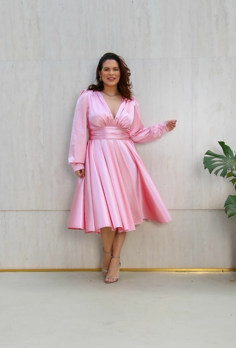 Vestido Midi crepe Acetinado com manga longa