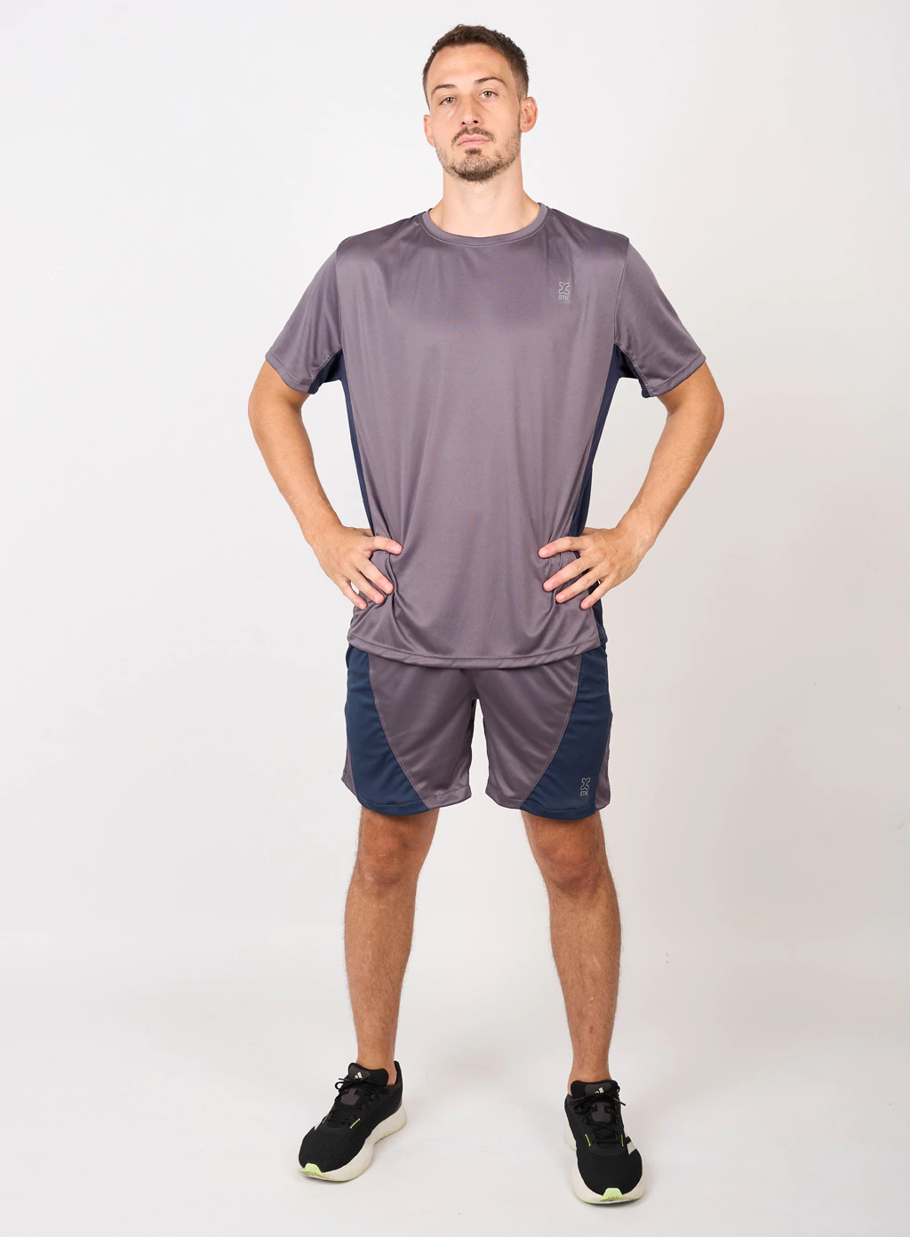 SHORT DOUBLE GRIS CON RECORTE AZUL