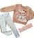 Conjunto infantil Polly com blusa marrom com estampa de ursinho e calça legging cinza com detalhes azuis