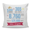 Almofada com design que celebra o primeiro ano de namoro, incluindo números e ícones relacionados ao tempo.