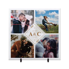 Azulejo decorativo com quatro fotos de casais em momentos românticos, ideal para presentes no Dia dos Namorados.