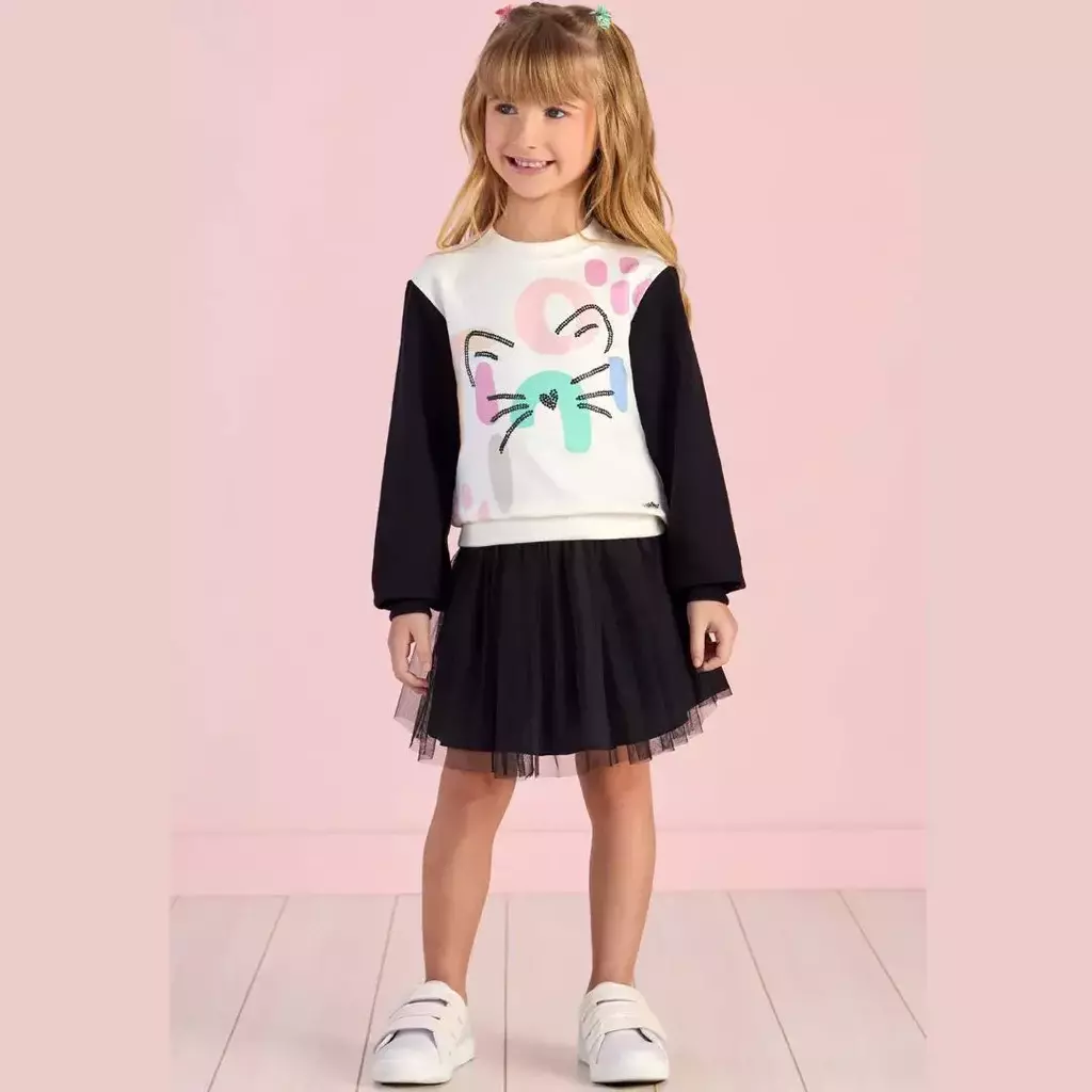 CONJUNTO BLUSA MANGA LONGA GATO E SAIA TULE MON SUCRE