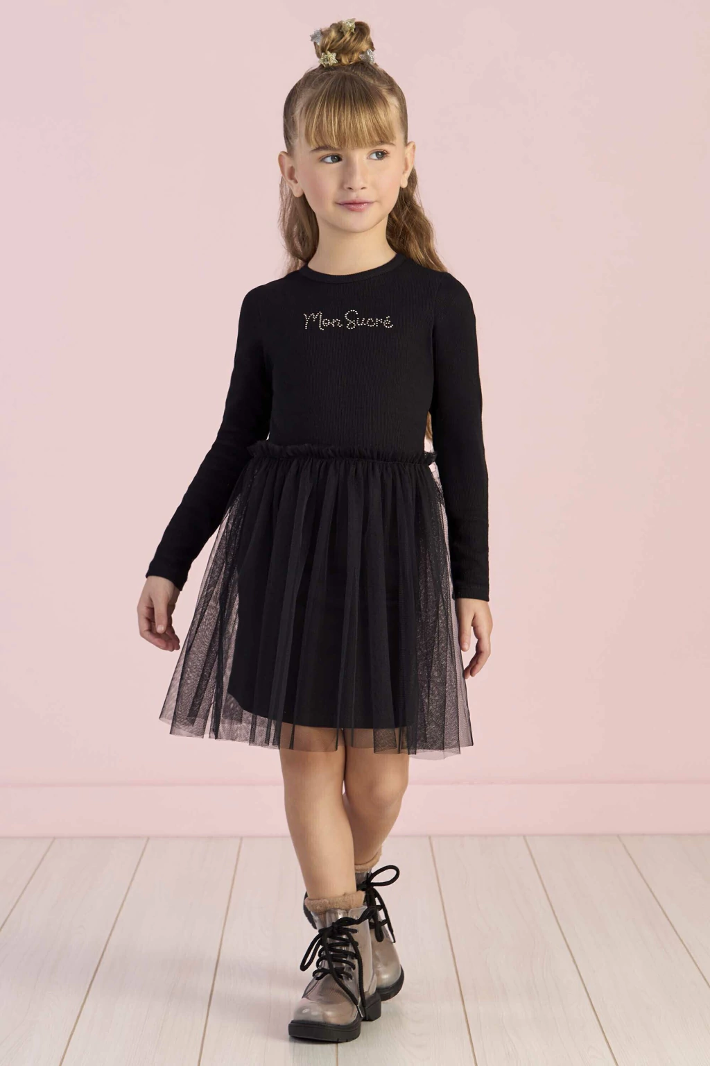 VESTIDO PRETO MANGA LONGA TULE MON SUCRE