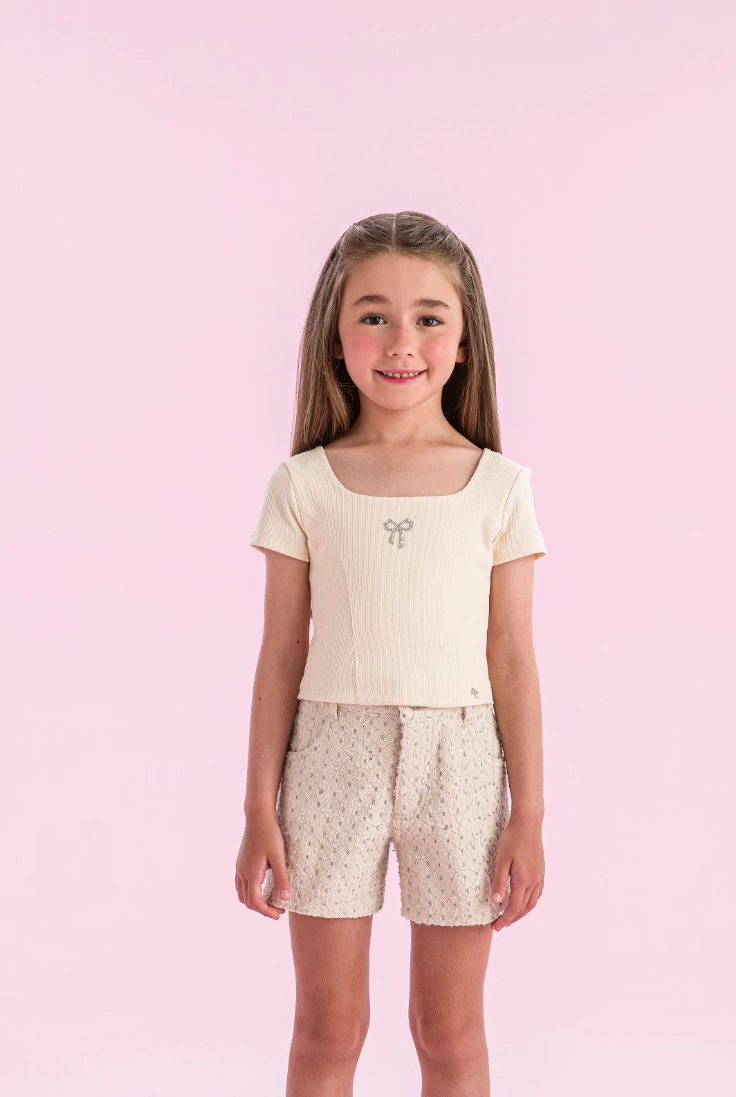 BLUSA BEGE CROPPED CANELADO COM LAÇO PETIT CHERIE