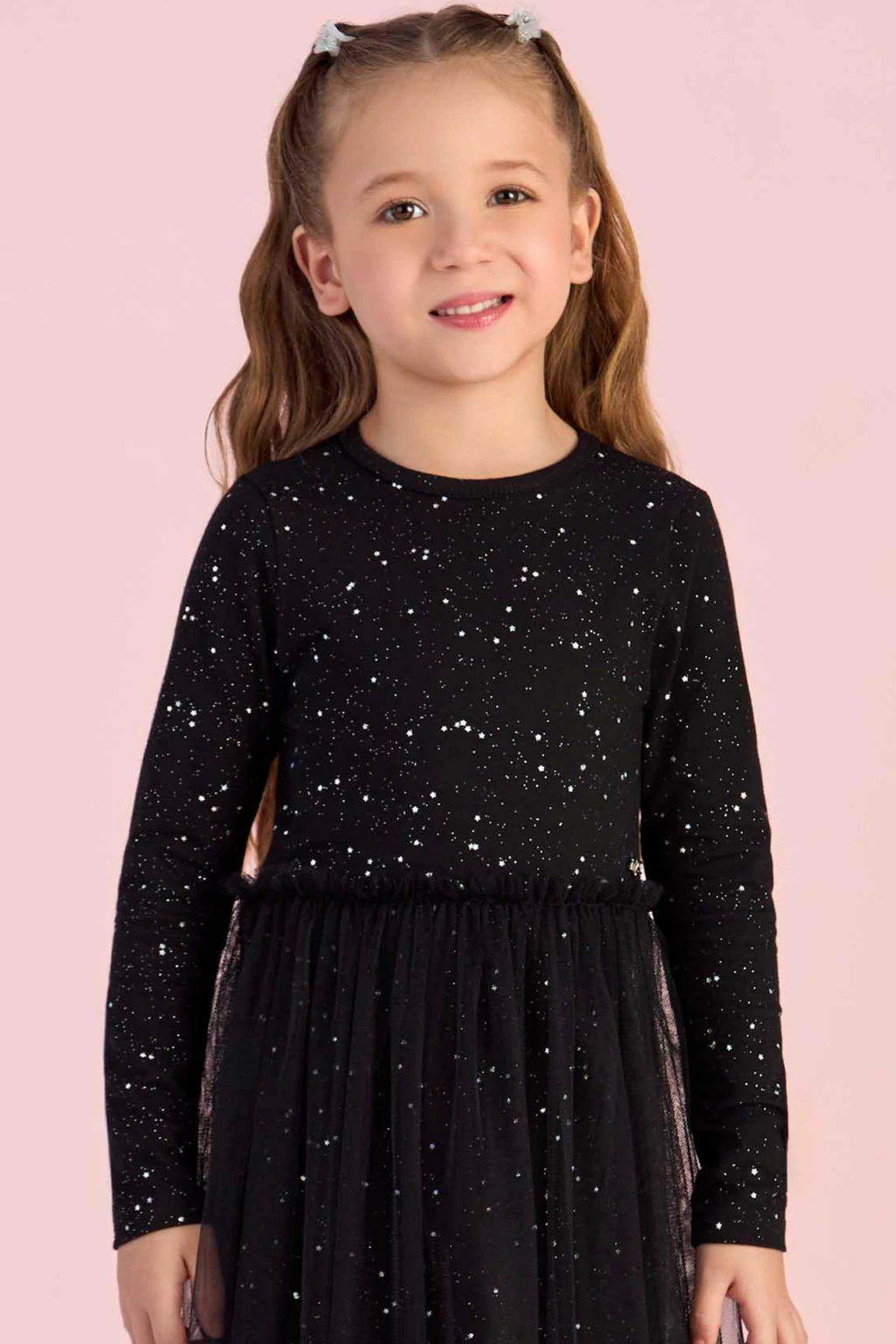 VESTIDO MANGA LONGA BRILHO E TULE MON SUCRE