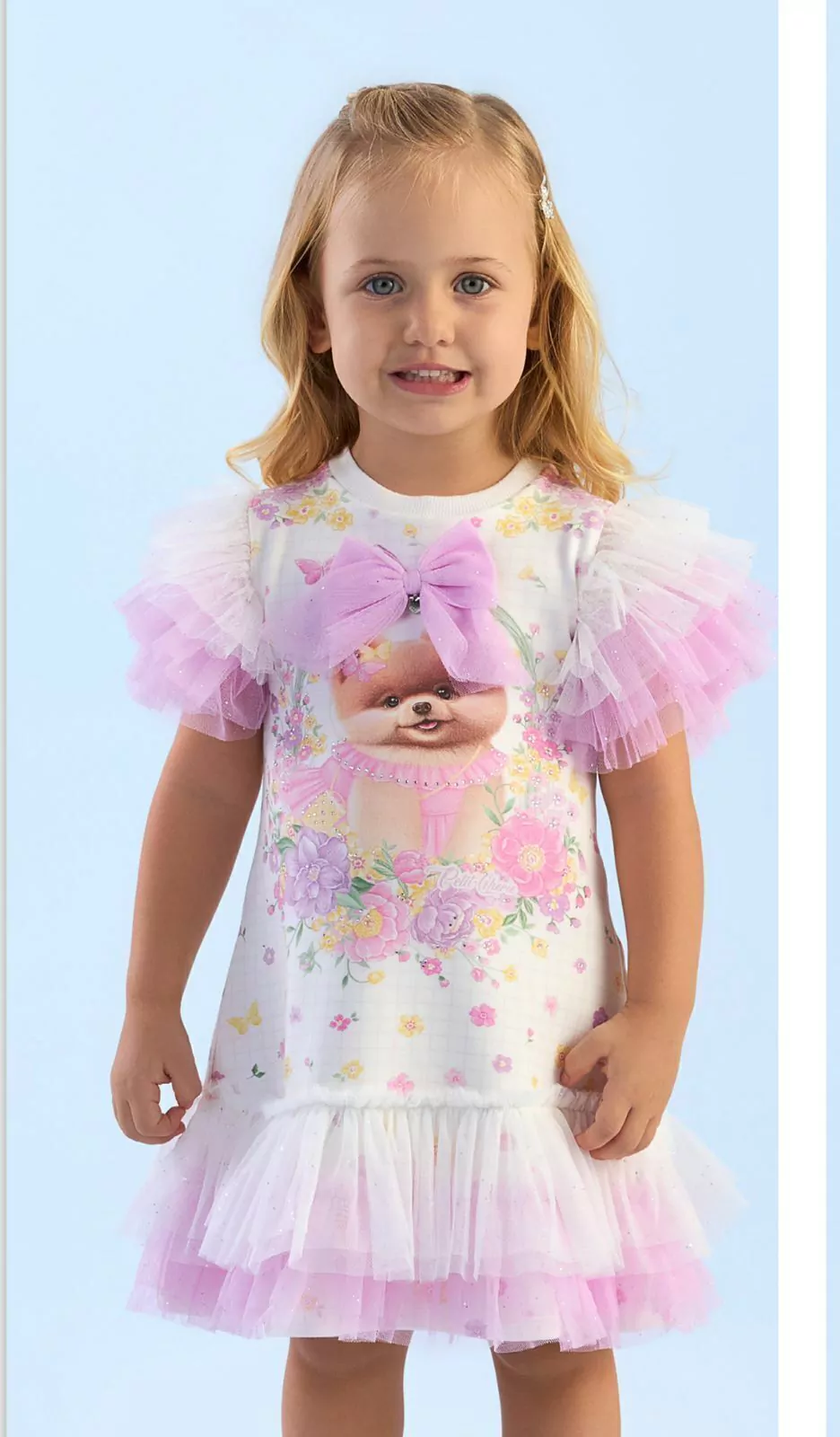 VESTIDO TULE LILAS COM ESTAMPA FLORAL E BORBOLETAS PETIT CHERIE