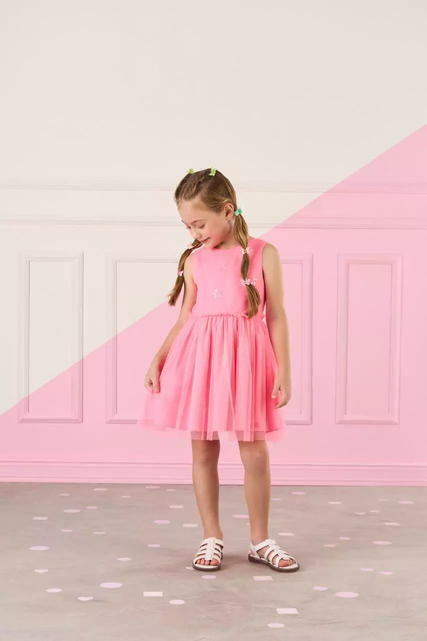 VESTIDO ROSA TULE APLICAÇÃO DE ESTRELA DE PAETÊ MON SUCRÉ