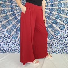 Calça Pantalona Wide Leg Com Bolso Boho Chic Vermelho Terracota