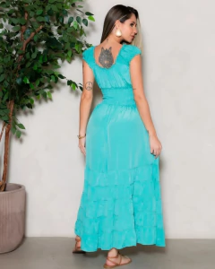 Vestido Longo Ciganinha Boho Estilo Indiano Água Marinha com Toque de Seda