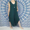 Macacão Pantacourt Assimétrico Com Bolso Verde-escuro Hippie e Boho