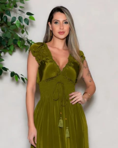 Vestido Longo Ciganinha Boho Estilo Indiano Verde Musgo com Toque de Seda - comprar online