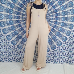 Macacão Estilo Jardineira Salopete Feminina Bege Com Bolso