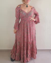 Vestido Boho Chic Longo Estampa Floral Indiano Quartzo Rosa