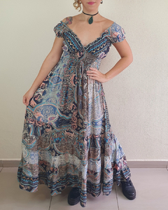 Vestido Longo Boho Chic Indiano Floral Estilo Ciganinha Lua