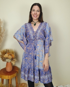 Vestido Curto Manga Fada Estampa Floral Azul Indiano Toque Seda
