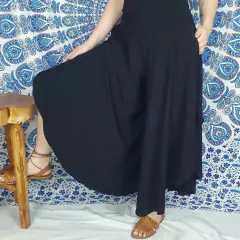 Calça Pantalona Pantacourt Com Bolso Boho Chic Preta