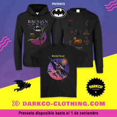 Conjunto de prendas negras con diseño de Batman: sudadera con capucha, sudadera sin capucha y camiseta con ilustraciones temáticas de Batman
